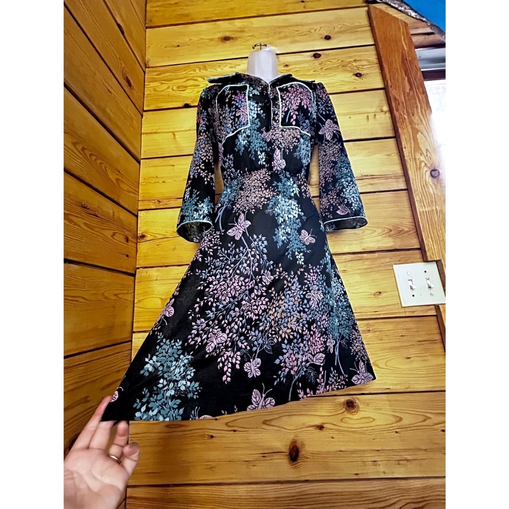 Vintage Sears Butterfly‎ Floral Print Dress Long Sleeve Elastic Waist Black Pink - Picture 5 of 12